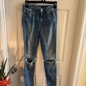 MOTHER Women’s Light Blue Distressed Skinny Jeans, Looker Ankle Fray, size 25